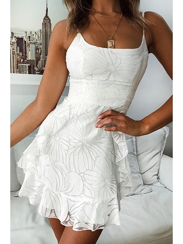 Casual Dress Strap Dress Slip Dress Mini Dress White Sleeveless Pure Color Ruffle Summer Spring Spaghetti Strap Fashion Vacation  S M L XL for Women