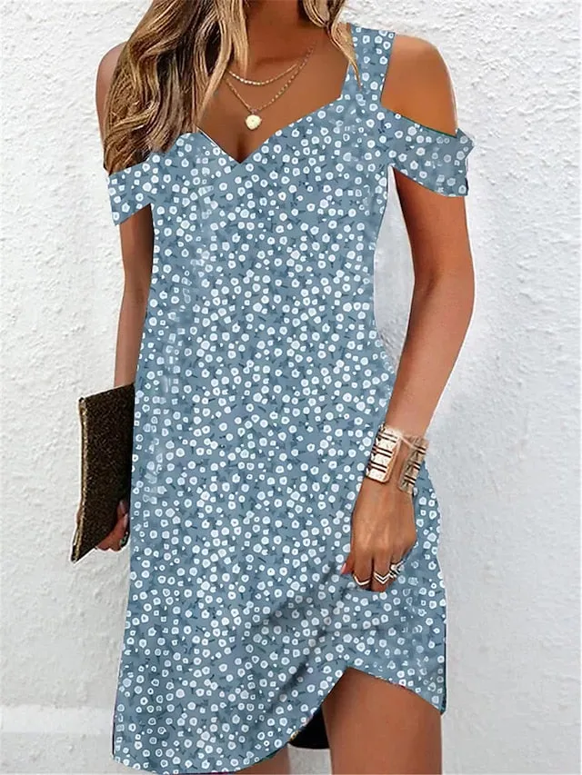 Casual Dress Summer Dress Slip Dress Floral Cold Shoulder Print Strap Mini Dress Active Fashion Outdoor Daily Short Sleeve Regular Fit Light Green Blue Dark Green Summer Spring S M L XL XXL for Women