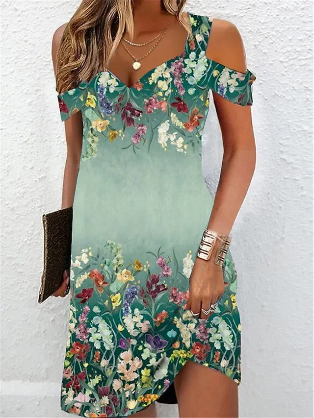 Casual Dress Summer Dress Slip Dress Floral Cold Shoulder Print Strap Mini Dress Active Fashion Outdoor Daily Short Sleeve Regular Fit Light Green Blue Dark Green Summer Spring S M L XL XXL for Women