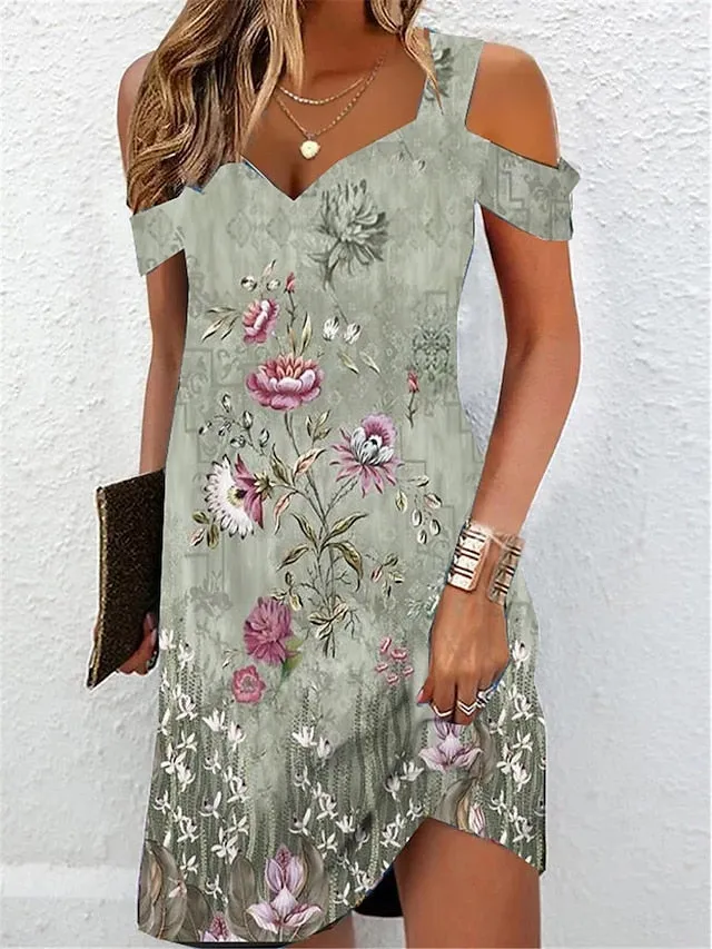 Casual Dress Summer Dress Slip Dress Floral Cold Shoulder Print Strap Mini Dress Active Fashion Outdoor Daily Short Sleeve Regular Fit Light Green Blue Dark Green Summer Spring S M L XL XXL for Women