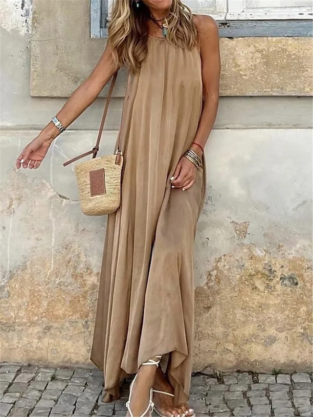 Casual Dress Summer Dress Slip Dress Long Dress Maxi Dress Backless Daily Date Going out Active Fashion Strap Sleeveless  Regular Fit Khaki Color S M L XL XXL Size for Women