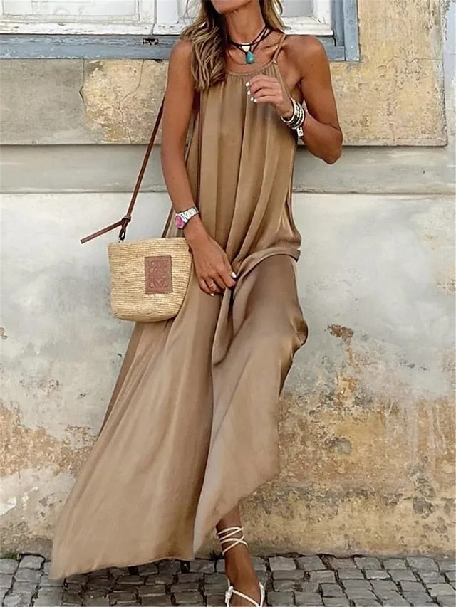Casual Dress Summer Dress Slip Dress Long Dress Maxi Dress Backless Daily Date Going out Active Fashion Strap Sleeveless  Regular Fit Khaki Color S M L XL XXL Size for Women