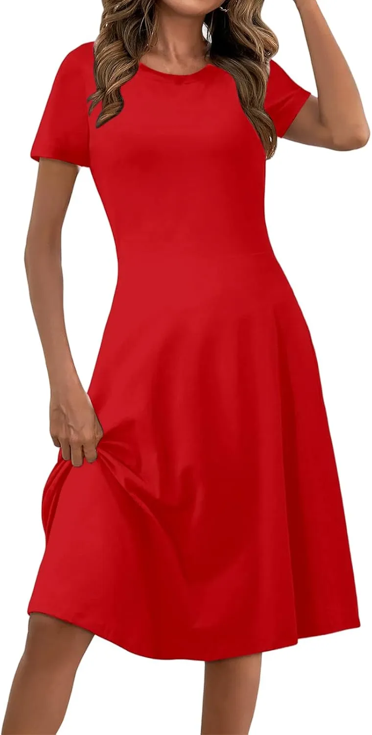 Casual Dresses for Women 2025 Summer Crew Neck Short Sleeve T-Shirt Sundress Casual A-Line Swing Midi Dress