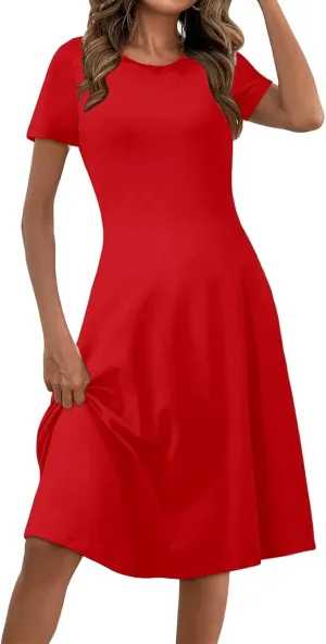 Casual Dresses for Women 2025 Summer Crew Neck Short Sleeve T-Shirt Sundress Casual A-Line Swing Midi Dress