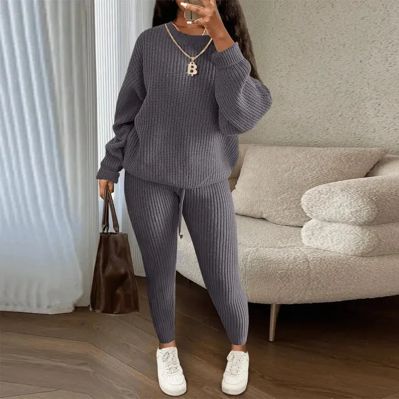 Casual Knitted Women's Suit – Crew Neck Pullover & Slim Trousers Set for Autumn/Winter