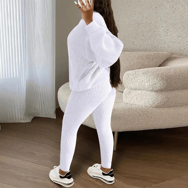 Casual Knitted Women's Suit – Crew Neck Pullover & Slim Trousers Set for Autumn/Winter