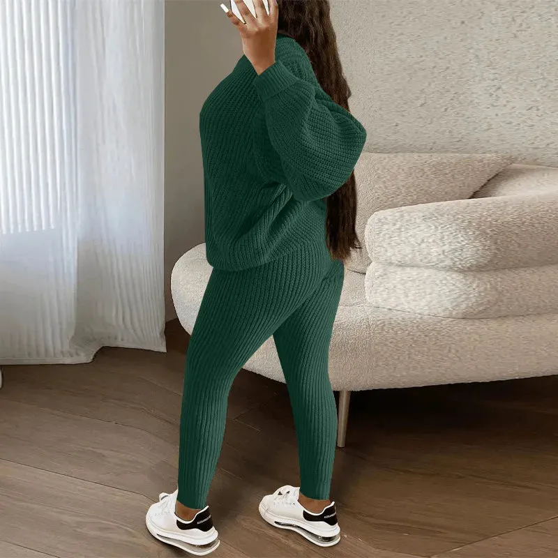 Casual Knitted Women's Suit – Crew Neck Pullover & Slim Trousers Set for Autumn/Winter