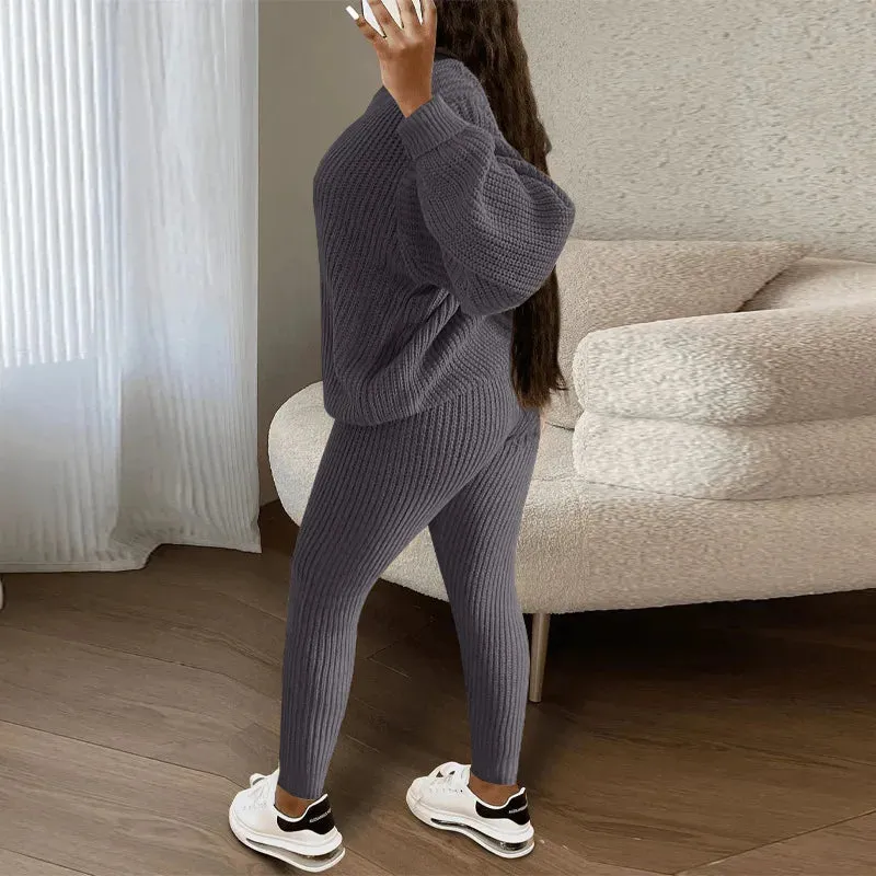 Casual Knitted Women's Suit – Crew Neck Pullover & Slim Trousers Set for Autumn/Winter