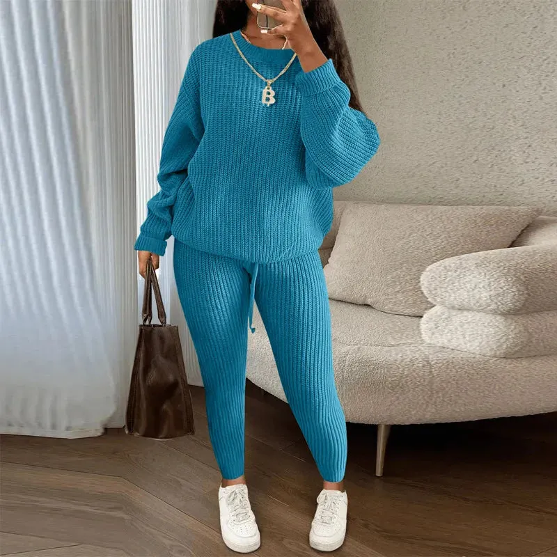 Casual Knitted Women's Suit – Crew Neck Pullover & Slim Trousers Set for Autumn/Winter