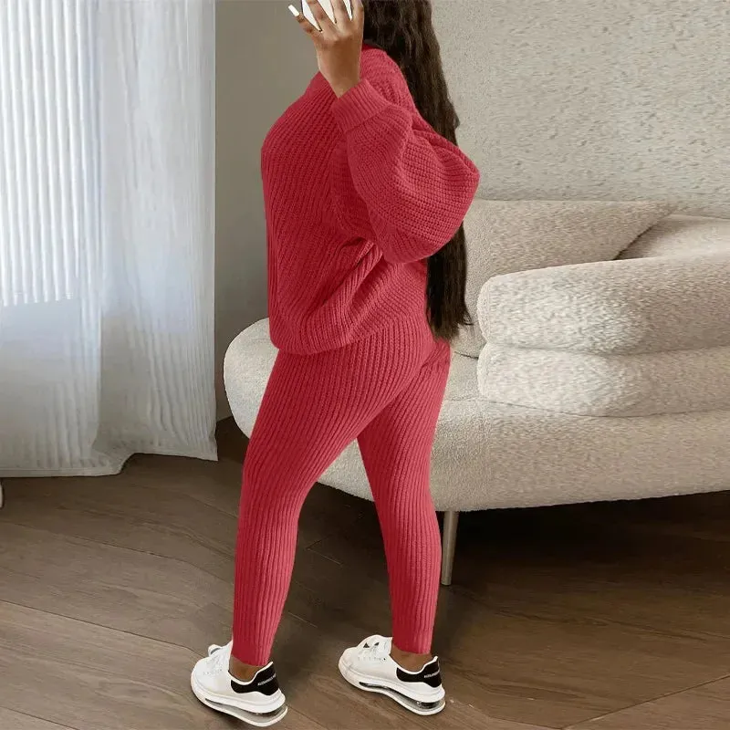 Casual Knitted Women's Suit – Crew Neck Pullover & Slim Trousers Set for Autumn/Winter