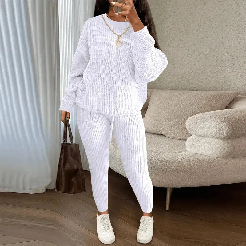 Casual Knitted Women's Suit – Crew Neck Pullover & Slim Trousers Set for Autumn/Winter