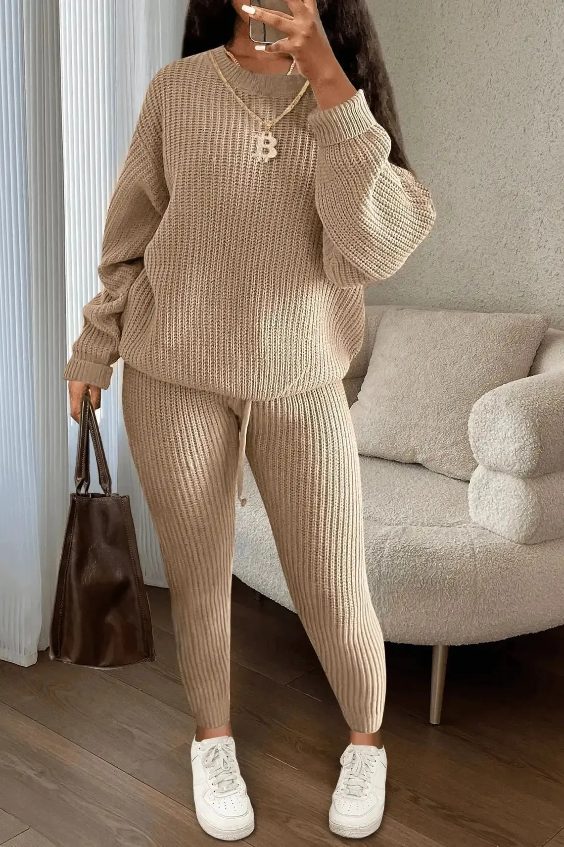 Casual Knitted Women's Suit – Crew Neck Pullover & Slim Trousers Set for Autumn/Winter