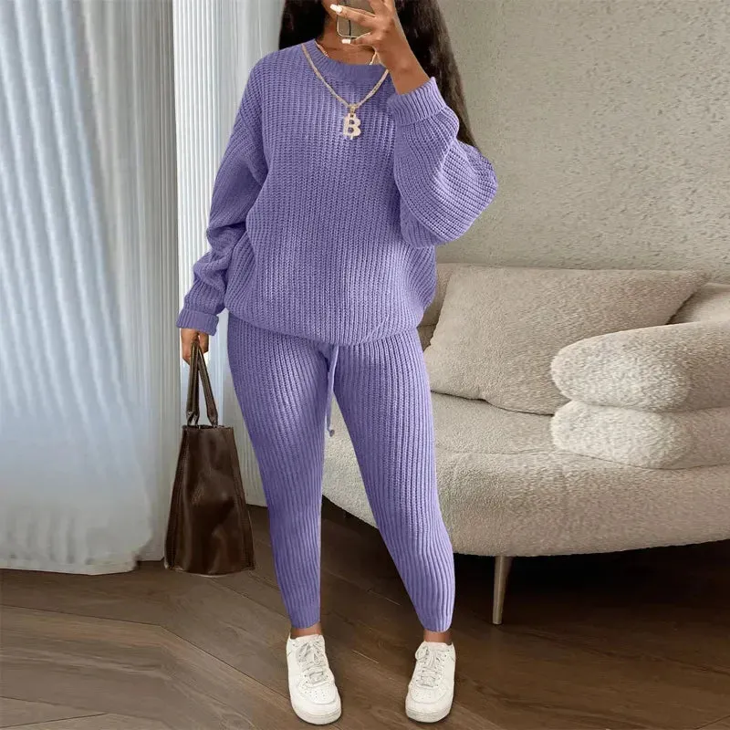 Casual Knitted Women's Suit – Crew Neck Pullover & Slim Trousers Set for Autumn/Winter