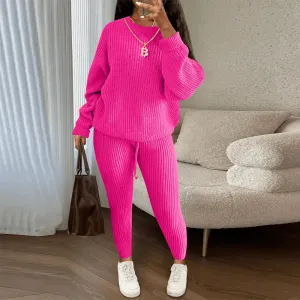 Casual Knitted Women's Suit – Crew Neck Pullover & Slim Trousers Set for Autumn/Winter