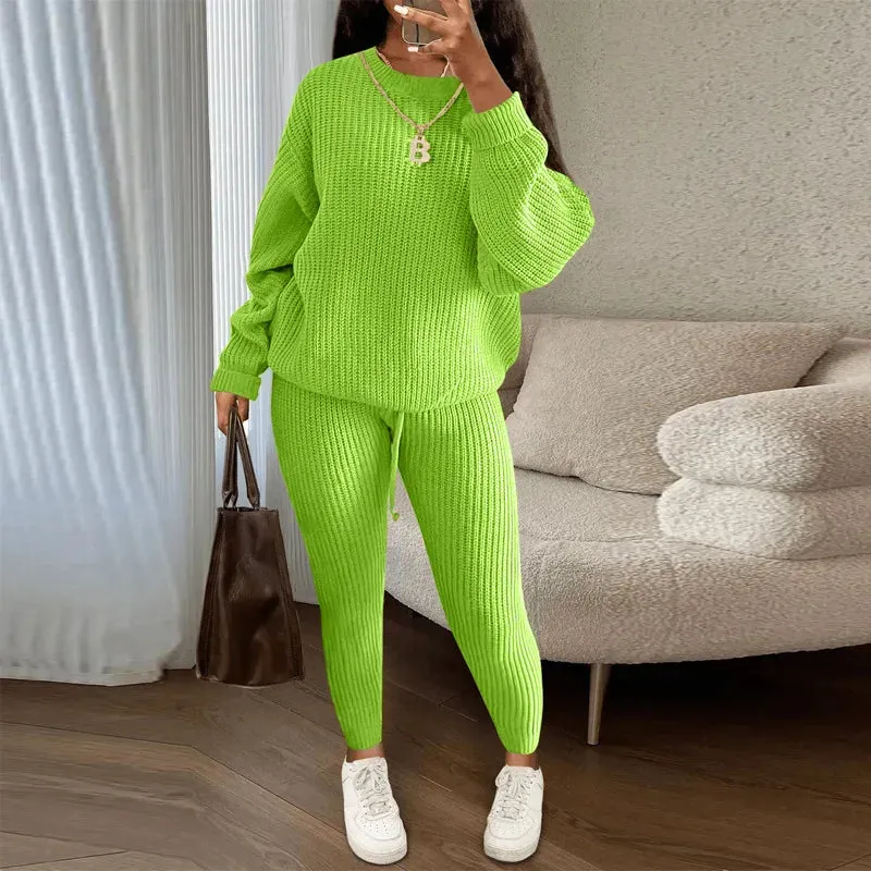 Casual Knitted Women's Suit – Crew Neck Pullover & Slim Trousers Set for Autumn/Winter