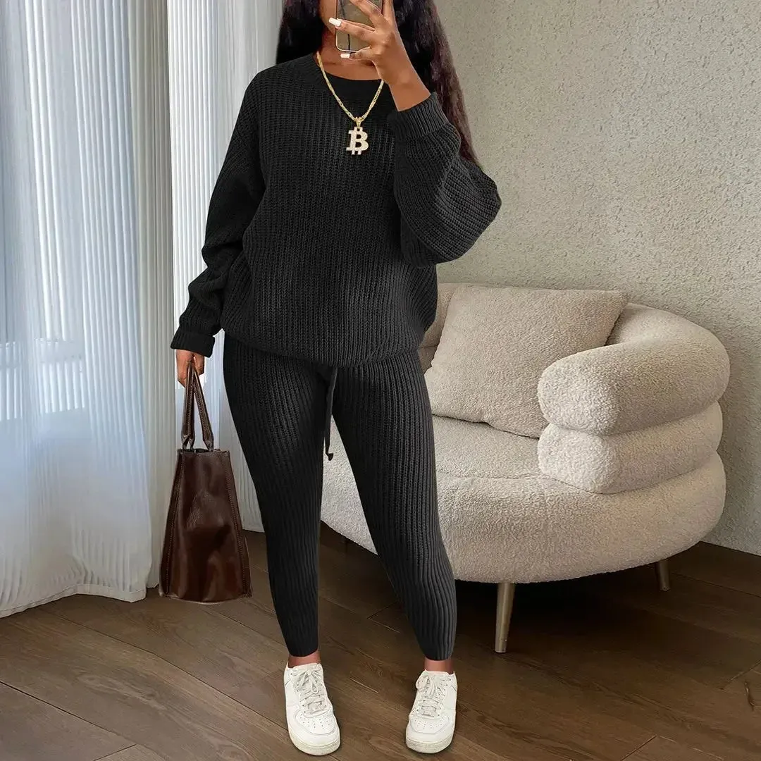 Casual Knitted Women's Suit – Crew Neck Pullover & Slim Trousers Set for Autumn/Winter