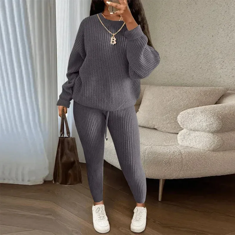 Casual Knitted Women's Suit – Crew Neck Pullover & Slim Trousers Set for Autumn/Winter