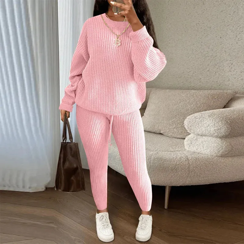 Casual Knitted Women's Suit – Crew Neck Pullover & Slim Trousers Set for Autumn/Winter