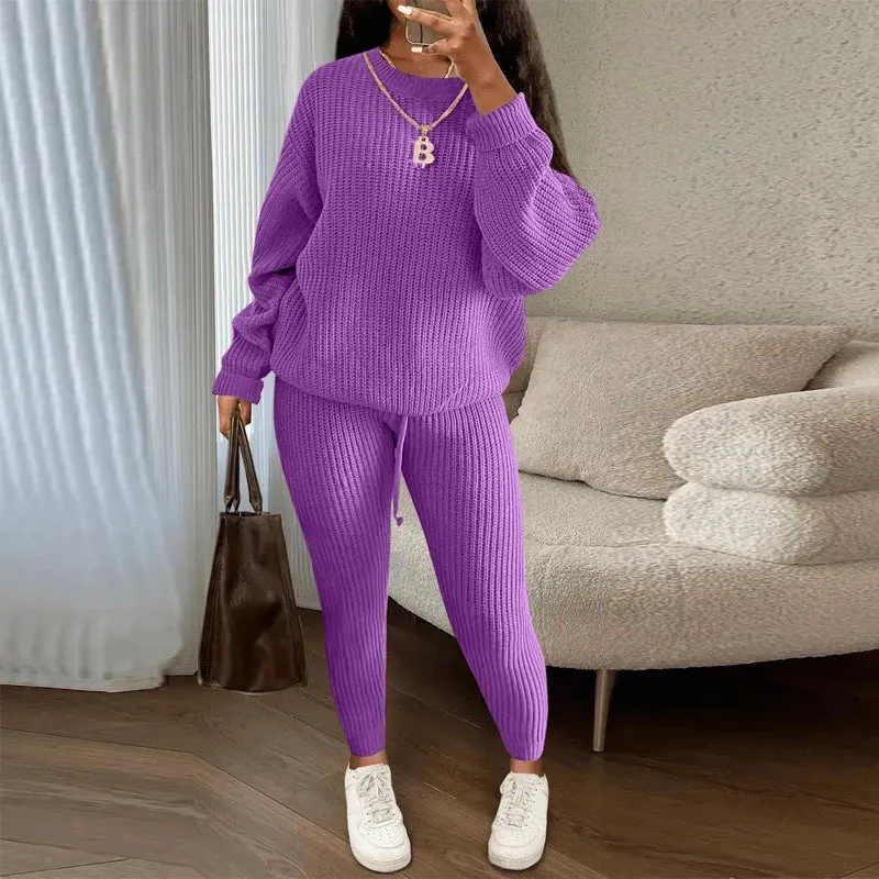Casual Knitted Women's Suit – Crew Neck Pullover & Slim Trousers Set for Autumn/Winter