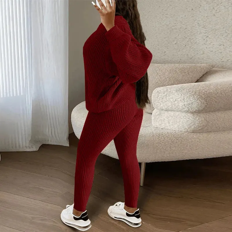 Casual Knitted Women's Suit – Crew Neck Pullover & Slim Trousers Set for Autumn/Winter
