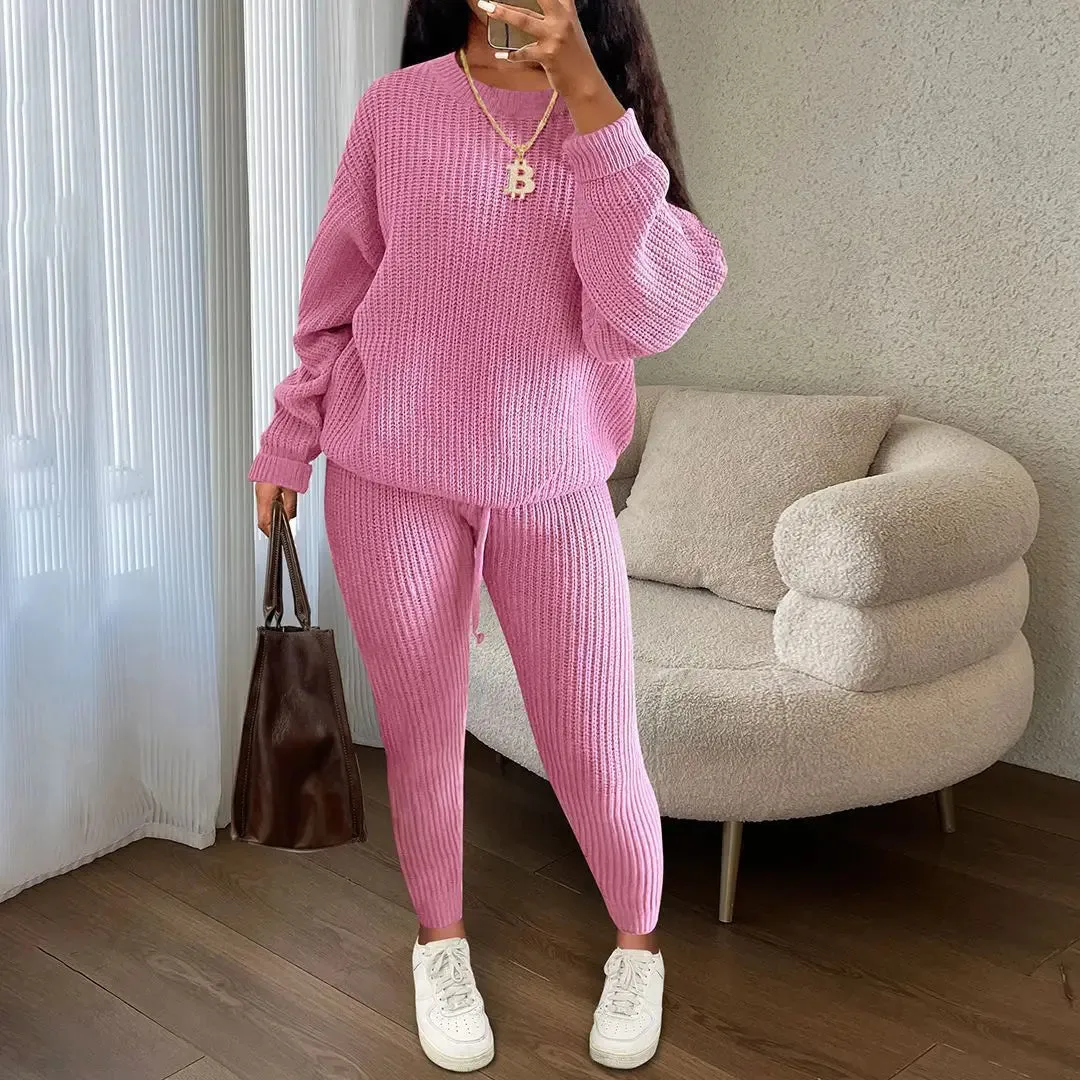 Casual Knitted Women's Suit – Crew Neck Pullover & Slim Trousers Set for Autumn/Winter
