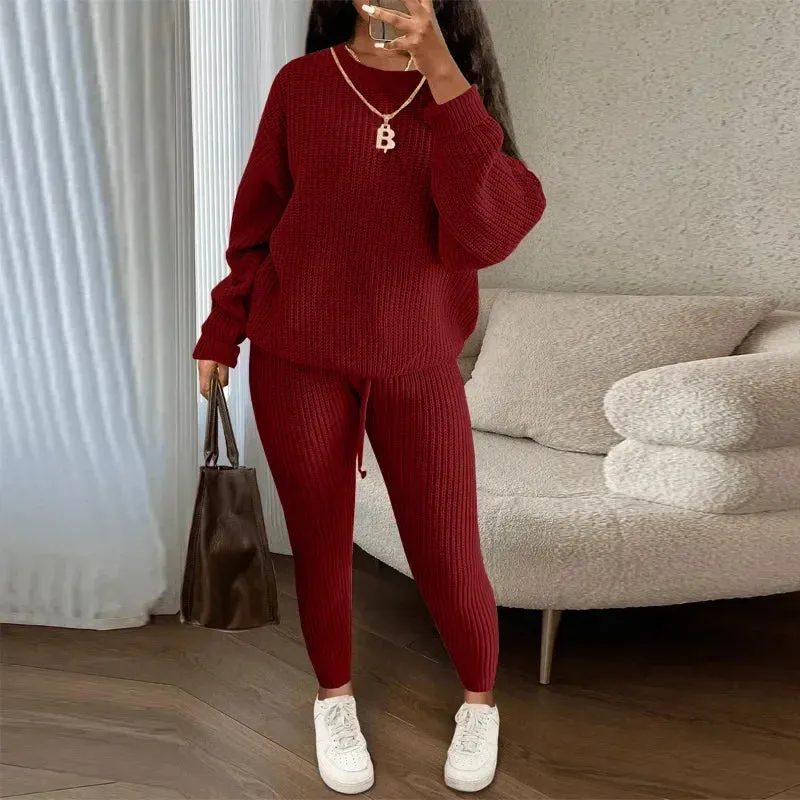 Casual Knitted Women's Suit – Crew Neck Pullover & Slim Trousers Set for Autumn/Winter