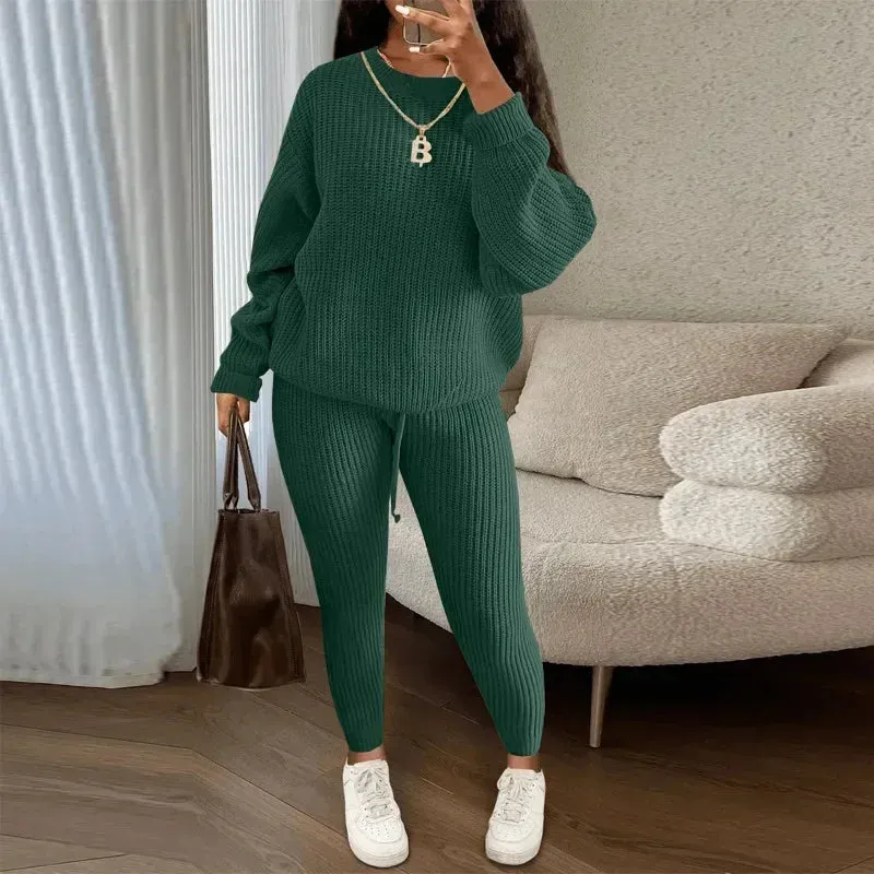 Casual Knitted Women's Suit – Crew Neck Pullover & Slim Trousers Set for Autumn/Winter