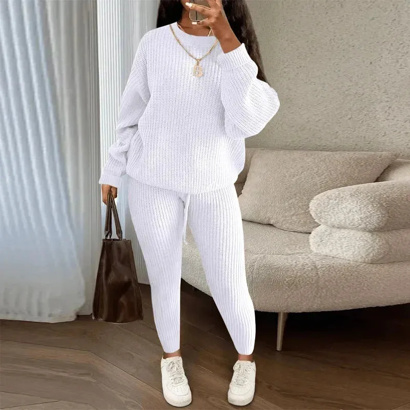 Casual Knitted Women's Suit – Crew Neck Pullover & Slim Trousers Set for Autumn/Winter