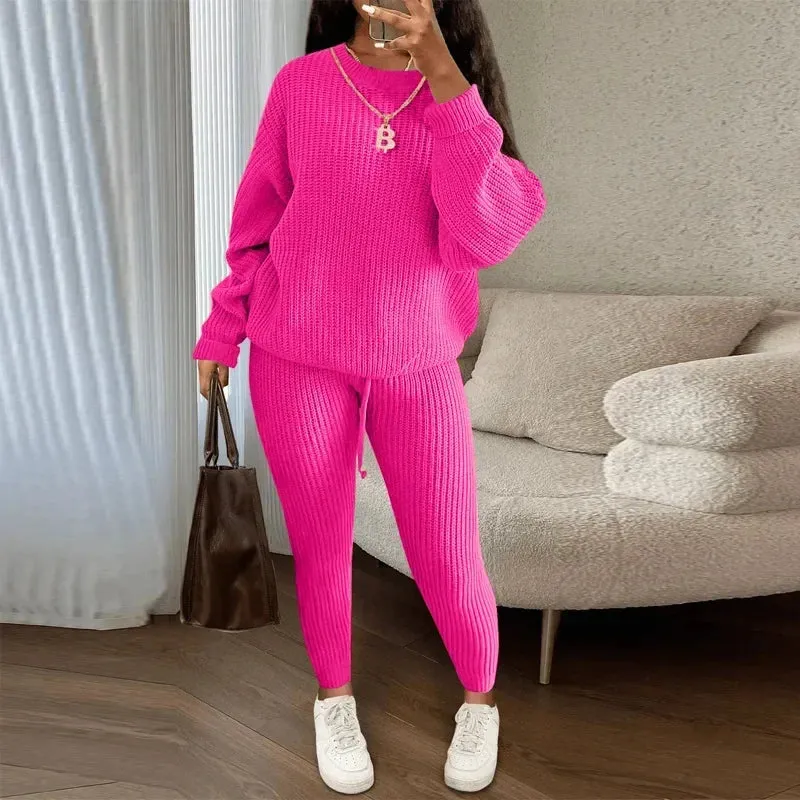 Casual Knitted Women's Suit – Crew Neck Pullover & Slim Trousers Set for Autumn/Winter