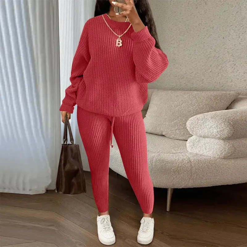 Casual Knitted Women's Suit – Crew Neck Pullover & Slim Trousers Set for Autumn/Winter