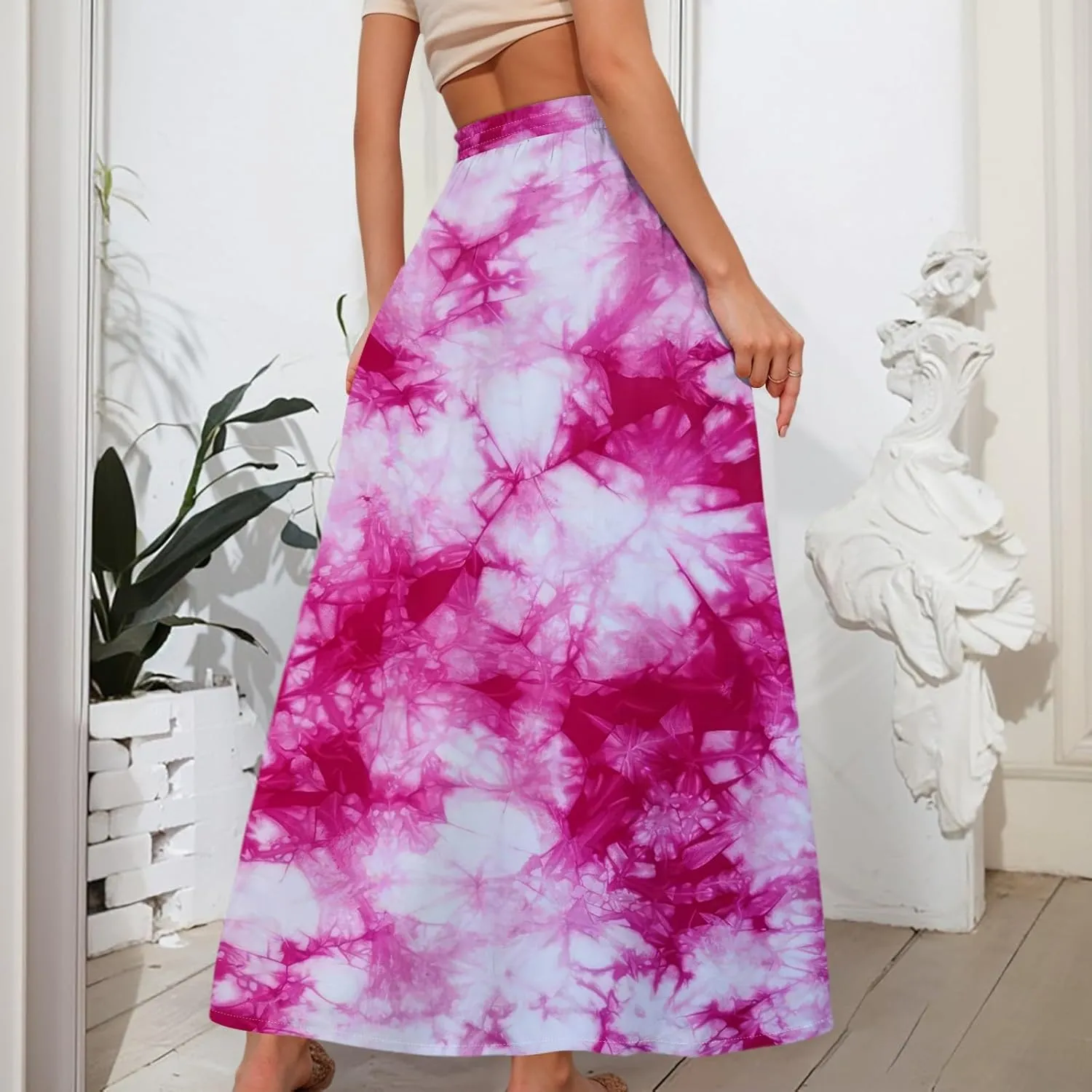 Casual Maxi Skirt for Women Summer Drawstring Elastic High Waisted A-Line Skirts Swing Ruffle Long Beach with Pockets