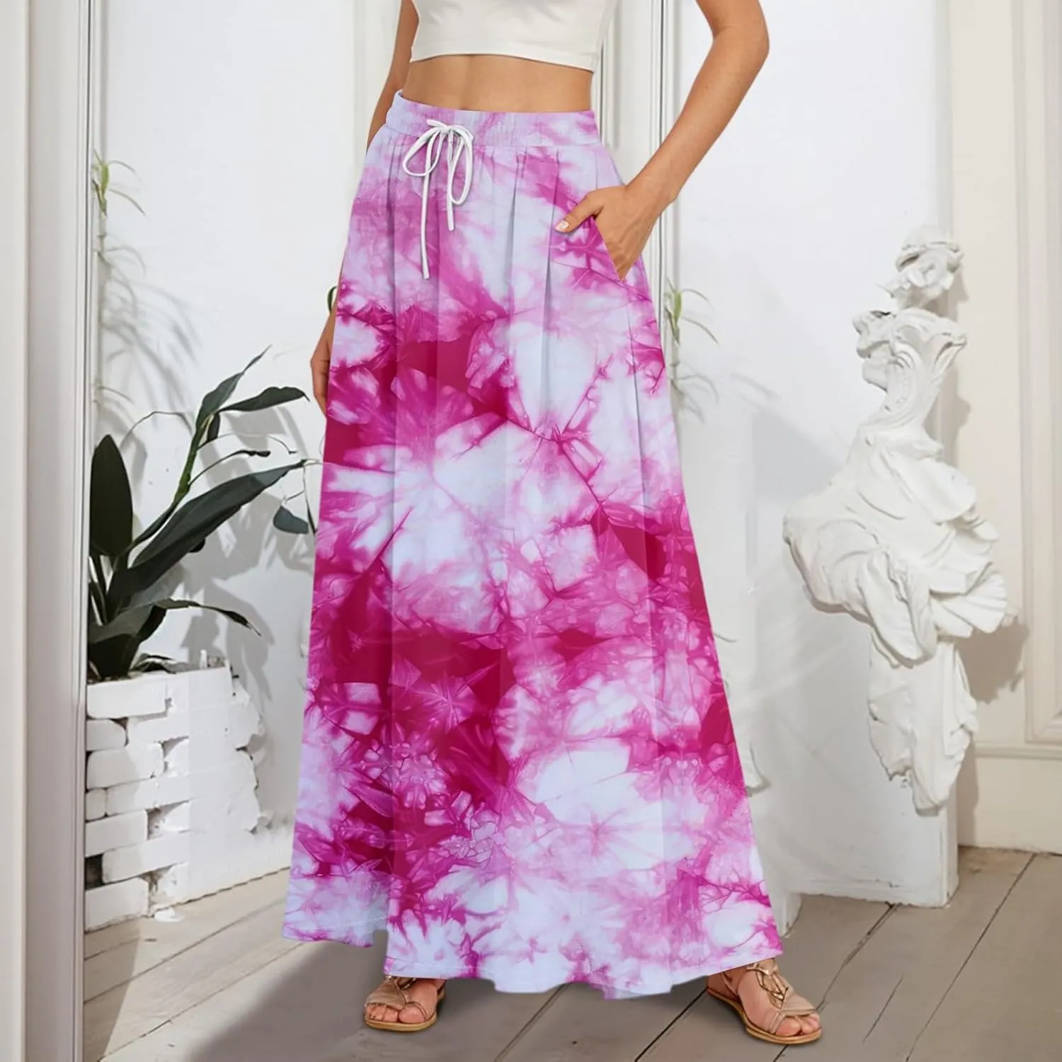Casual Maxi Skirt for Women Summer Drawstring Elastic High Waisted A-Line Skirts Swing Ruffle Long Beach with Pockets