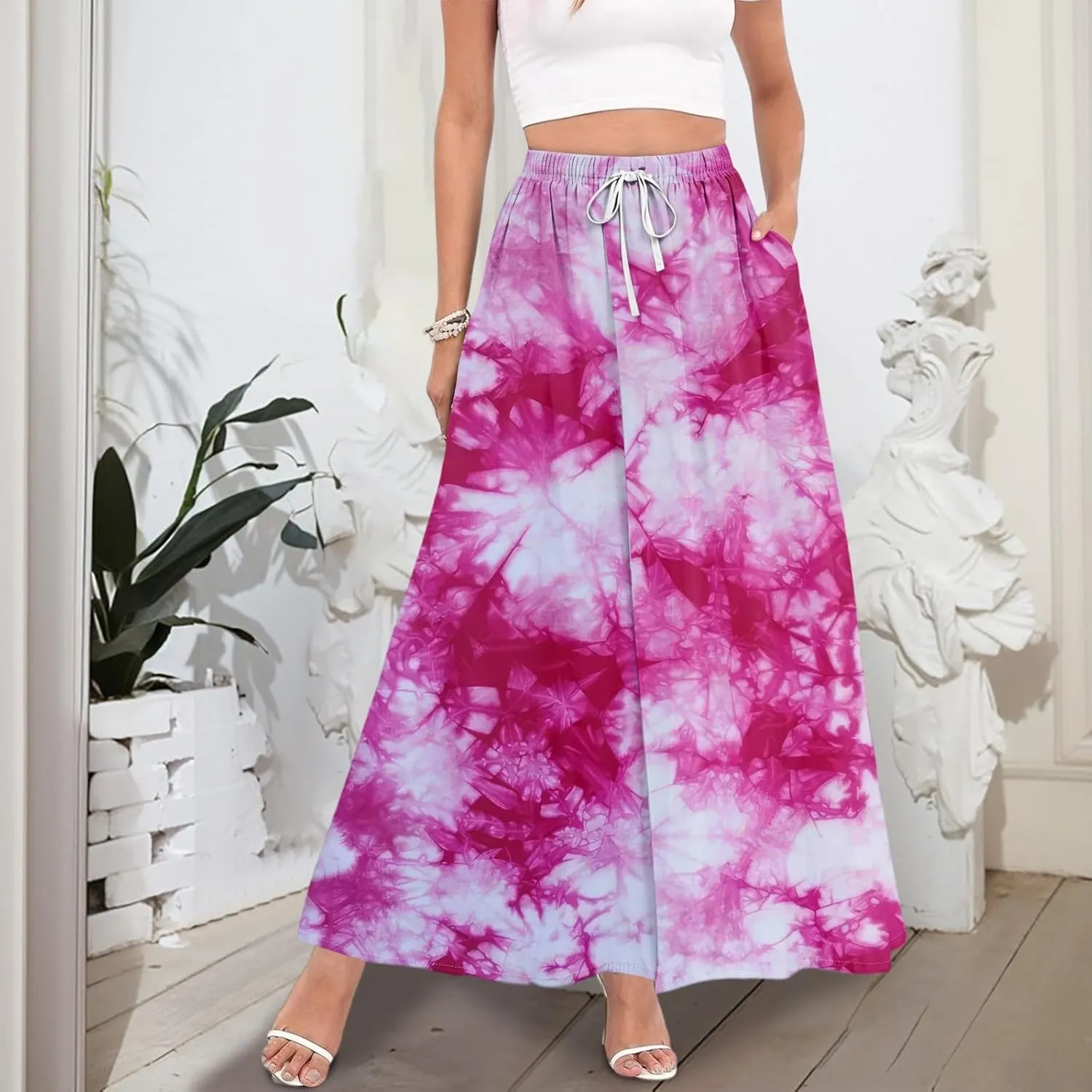 Casual Maxi Skirt for Women Summer Drawstring Elastic High Waisted A-Line Skirts Swing Ruffle Long Beach with Pockets
