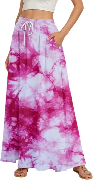 Casual Maxi Skirt for Women Summer Drawstring Elastic High Waisted A-Line Skirts Swing Ruffle Long Beach with Pockets