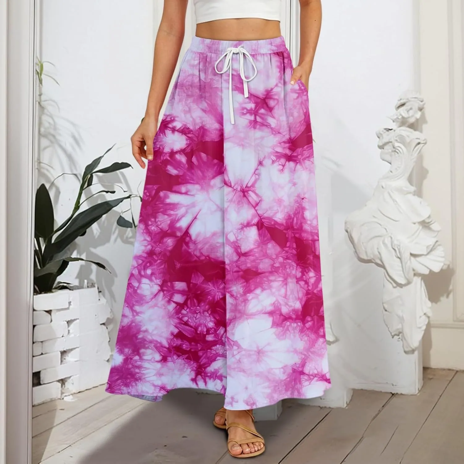 Casual Maxi Skirt for Women Summer Drawstring Elastic High Waisted A-Line Skirts Swing Ruffle Long Beach with Pockets