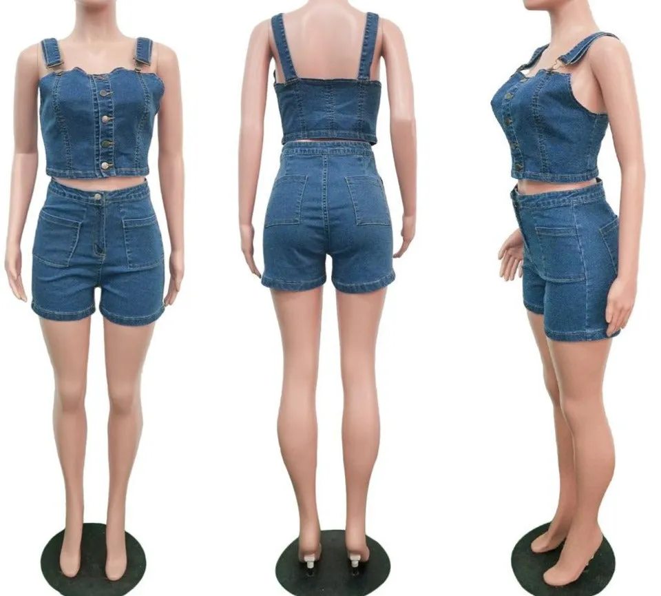 Casual Sleevless Denim Two Piece Short Set