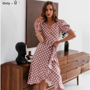 Casual Summer Dress Women Vintage Polka Dot Print Ruffle Sash A line