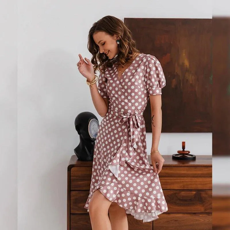 Casual Summer Dress Women Vintage Polka Dot Print Ruffle Sash A line