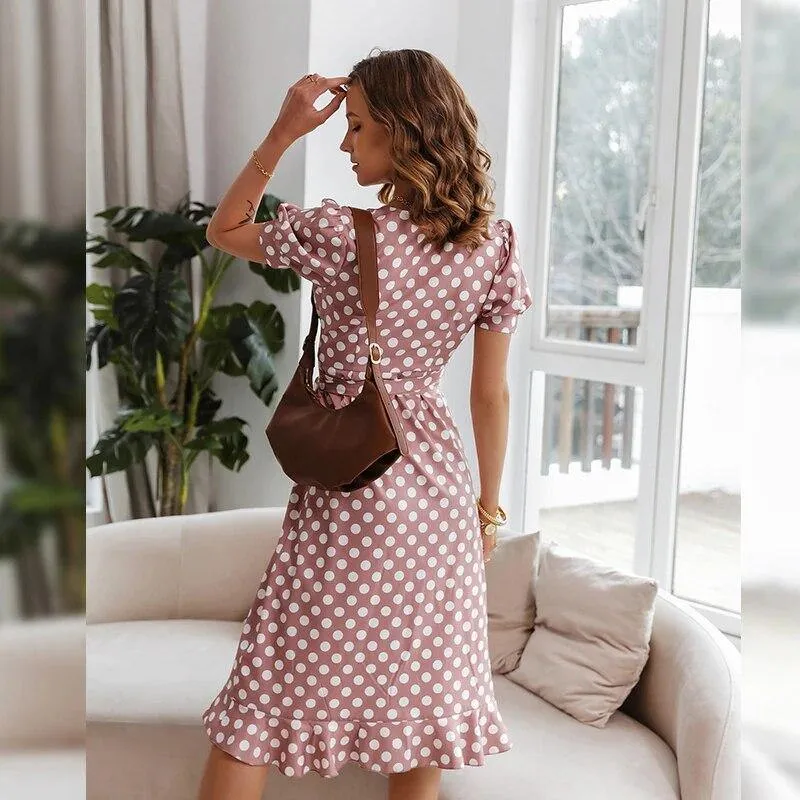 Casual Summer Dress Women Vintage Polka Dot Print Ruffle Sash A line