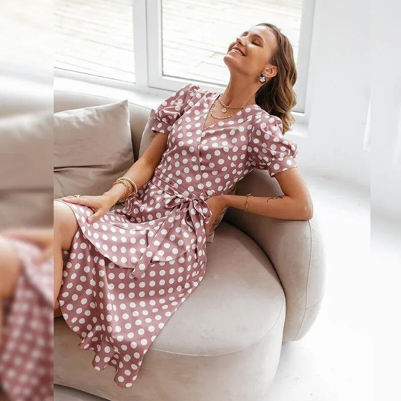 Casual Summer Dress Women Vintage Polka Dot Print Ruffle Sash A line