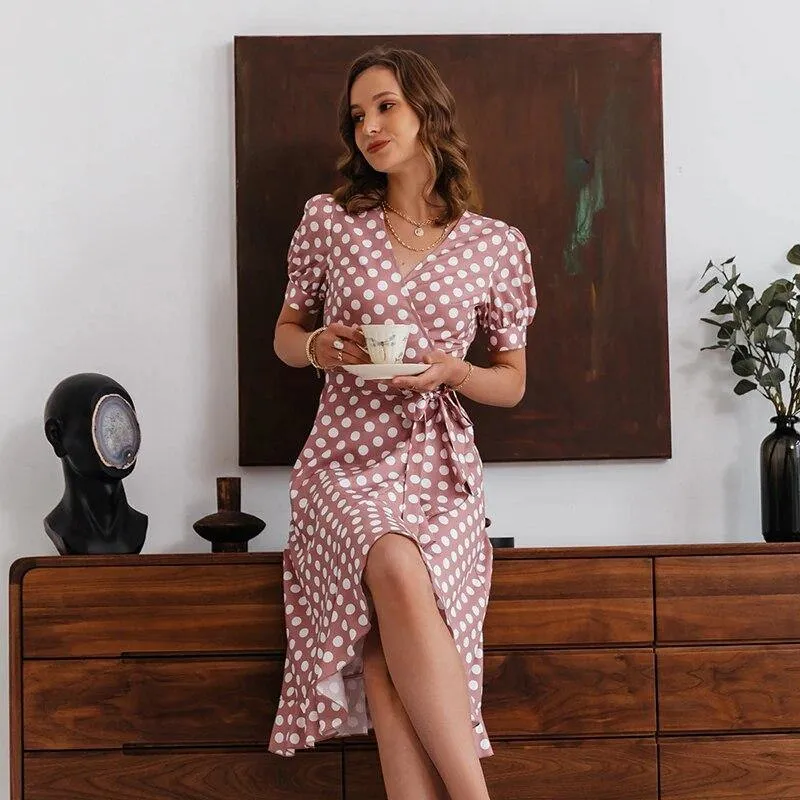 Casual Summer Dress Women Vintage Polka Dot Print Ruffle Sash A line