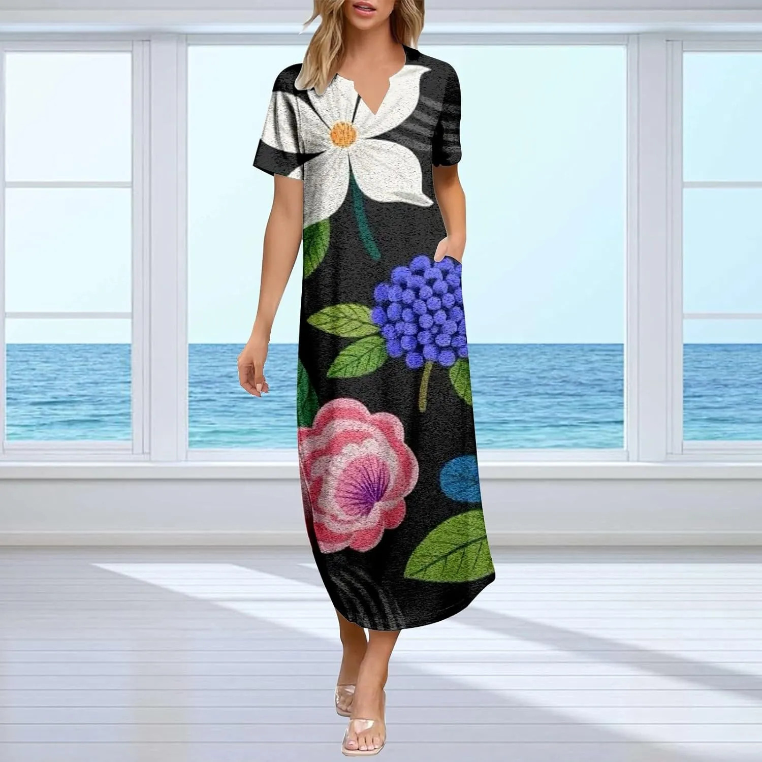 Casual Summer Dresses for Women 2025,Women's Summer Casual Maxi Floral Printed Dress V Neck Baggy Vacation Dress