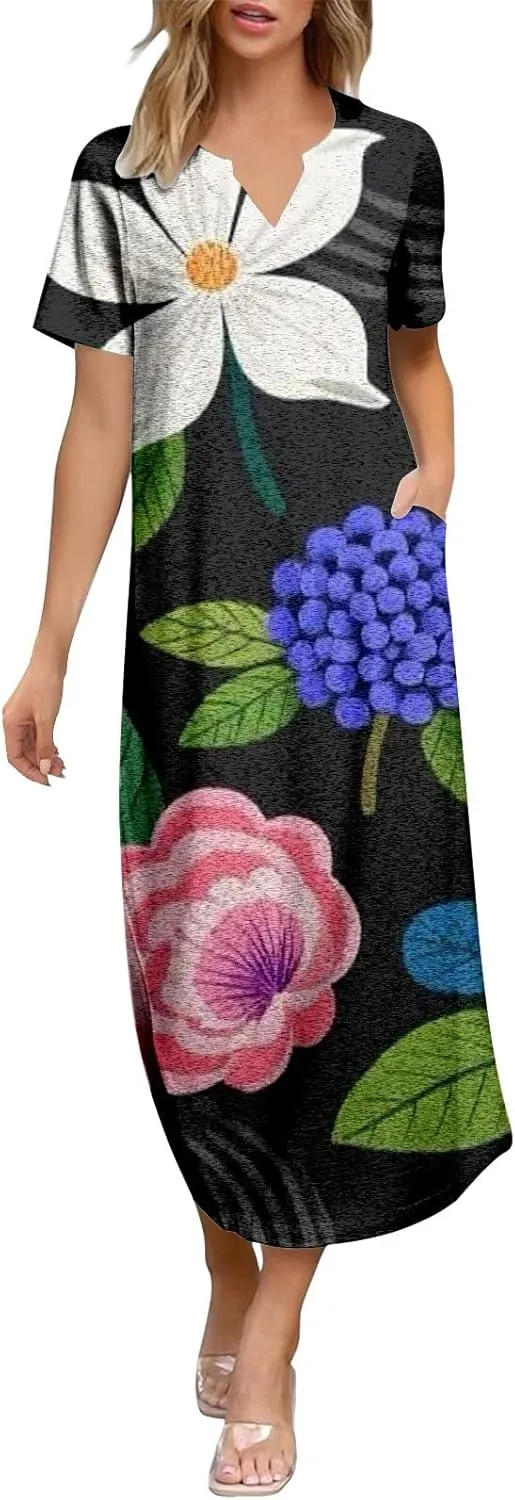 Casual Summer Dresses for Women 2025,Women's Summer Casual Maxi Floral Printed Dress V Neck Baggy Vacation Dress