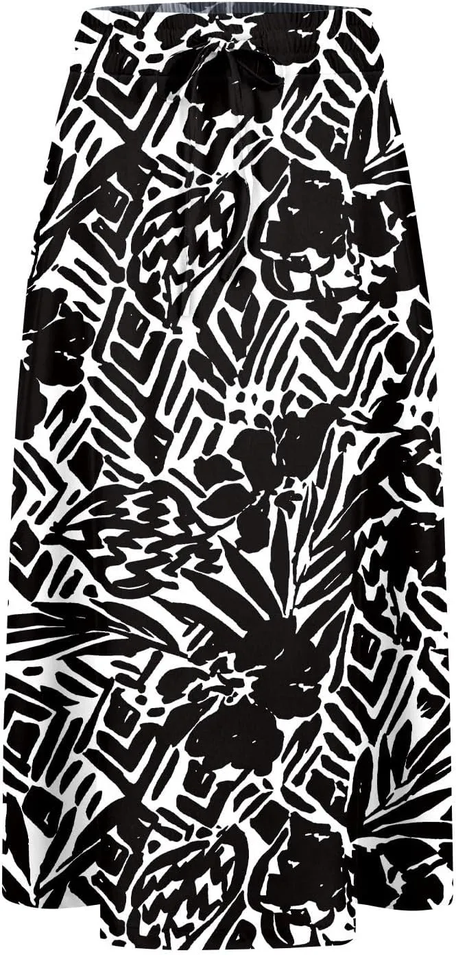 Casual Summer Skirts for Women Floral Midi Skirts Drawstring Elastic Waist Knee Length Skirt A Line Skirt with Pocket