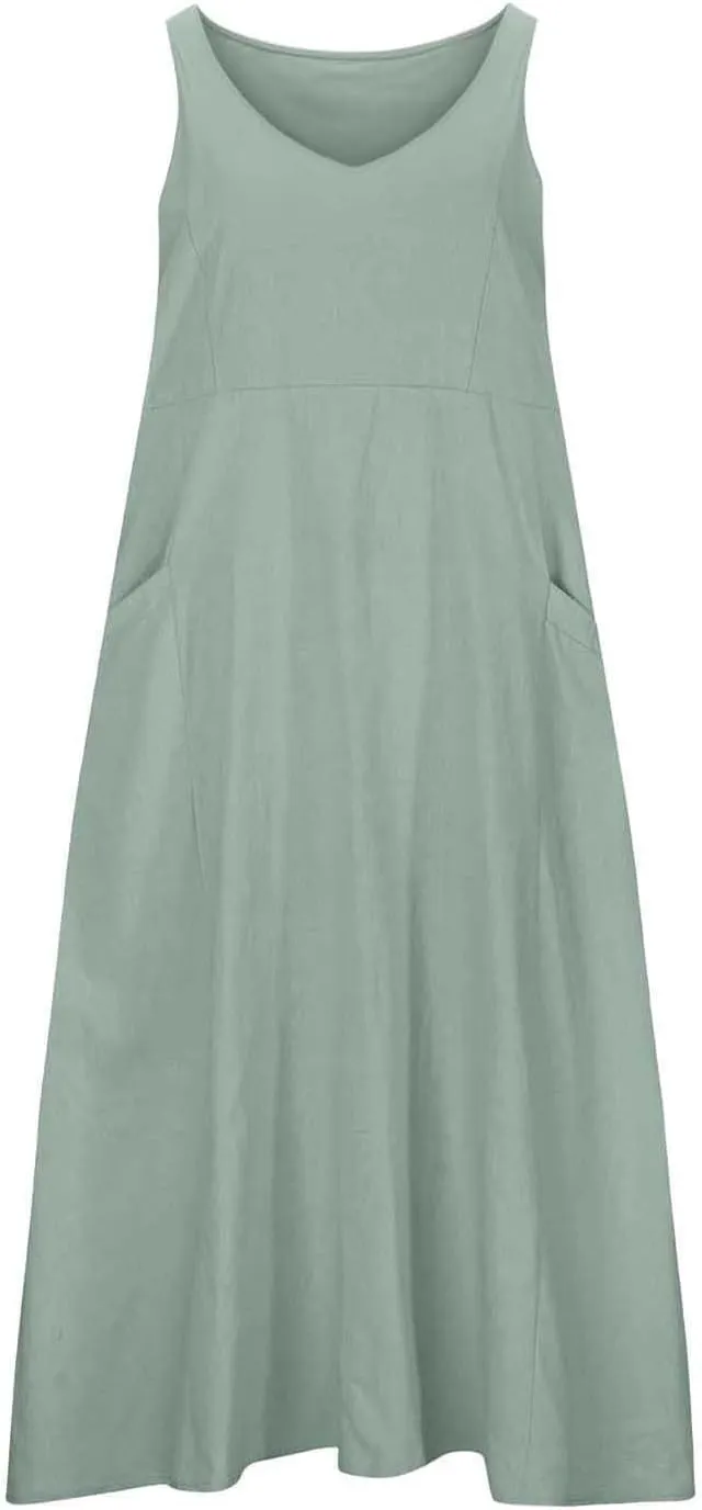 Casual Sundresdes Beach Cover Ups Women Summer Linen Tank Dress Loose Crew Neck Sleeveless Long Flowy Maxi Dresses