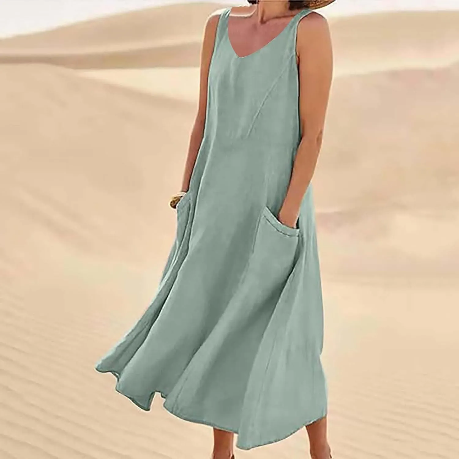 Casual Sundresdes Beach Cover Ups Women Summer Linen Tank Dress Loose Crew Neck Sleeveless Long Flowy Maxi Dresses
