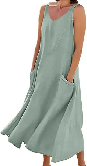 Casual Sundresdes Beach Cover Ups Women Summer Linen Tank Dress Loose Crew Neck Sleeveless Long Flowy Maxi Dresses