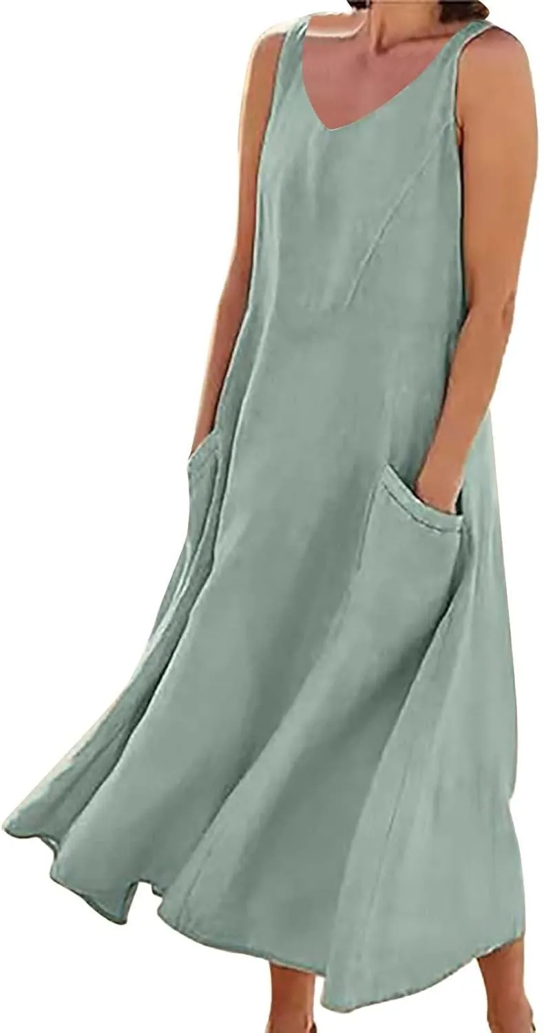 Casual Sundresdes Beach Cover Ups Women Summer Linen Tank Dress Loose Crew Neck Sleeveless Long Flowy Maxi Dresses