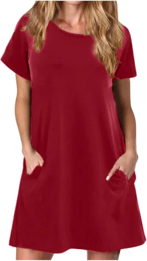Casual T Shirt Dress for Women Flowy Tunic Dress with Pockets Short Sleeve Knee Length Summer Dresses Casual Loose Fit