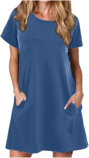 Casual T Shirt Dress for Women Flowy Tunic Dress with Pockets Short Sleeve Knee Length Summer Dresses Casual Loose Fit